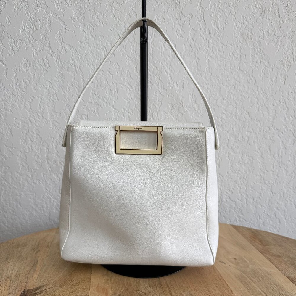 Salvatore Ferragamo White Leather Handbag with Gold Hardware